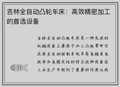 吉林全自动凸轮车床：高效精密加工的首选设备